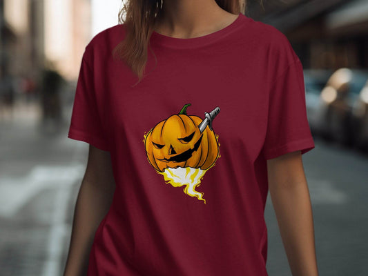 Halloween Pumpkin With Knife Illustration Design T-Shirt - Design & Vybe