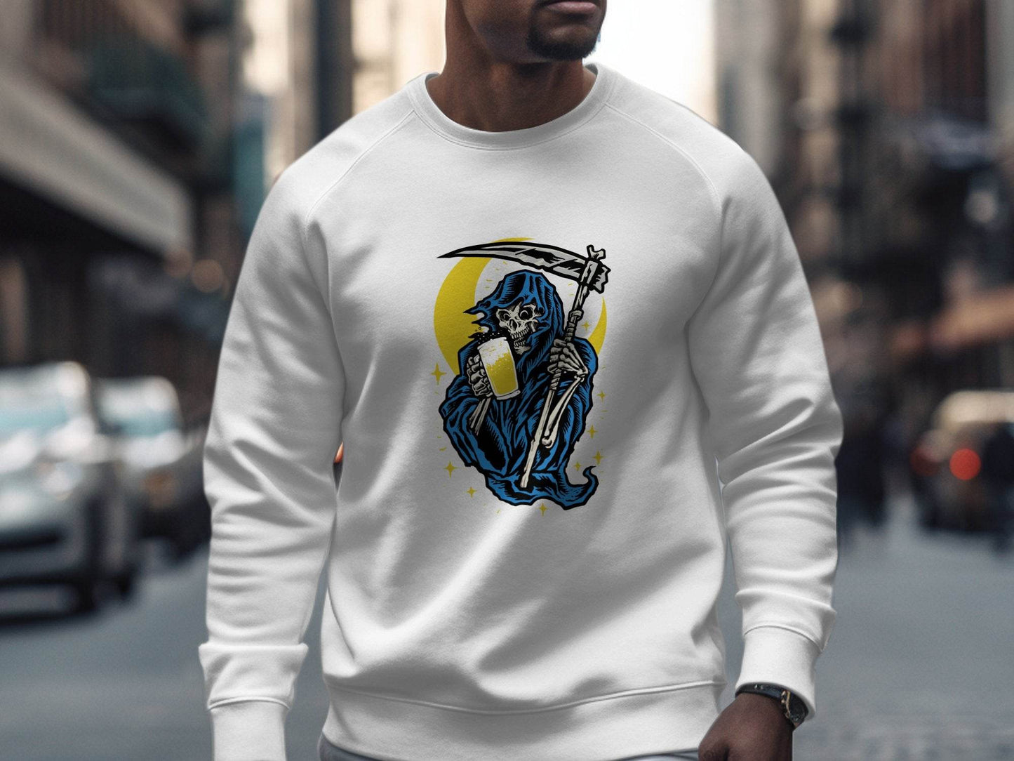 Grim Reaper Holding Beer Glass With Crescent Moon Sweater - Design & Vybe