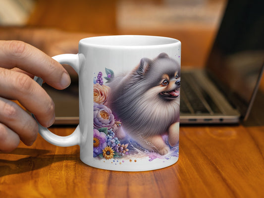 Cute Fluffy Dog and Flowers Design Coffee Mug product