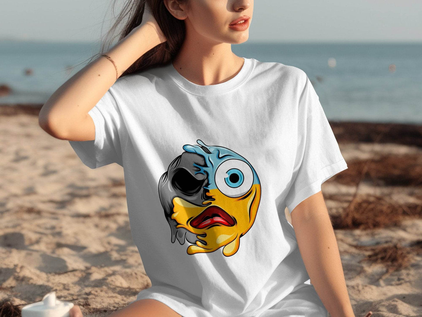 Melting Dual Face Smiley Graphic T-Shirt - Design & Vybe