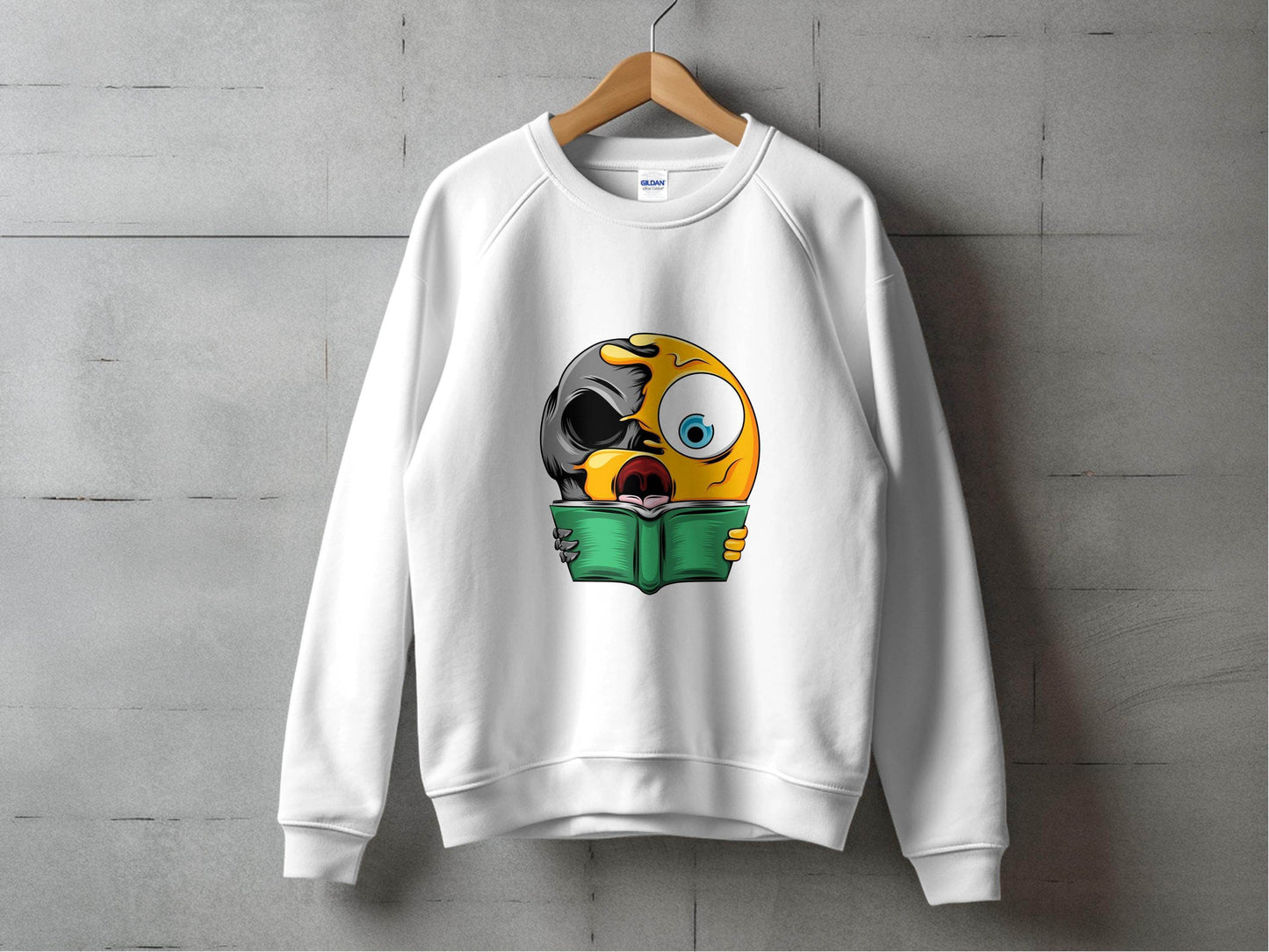 Half Emoji Half Skull Reading Book Funny Design Sweater - Design & Vybe