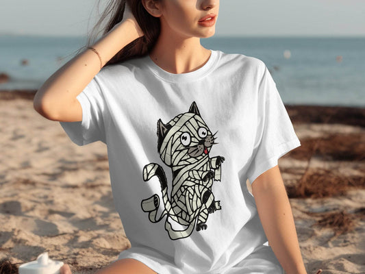 Halloween Mummy Cat Wrapped Up In Bandages Funny T-Shirt - Design & Vybe