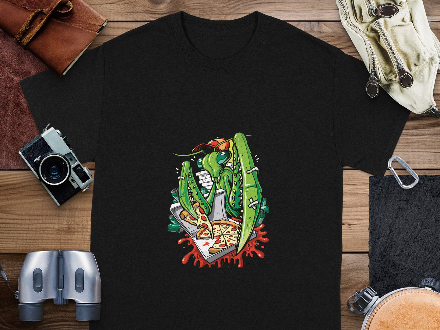 Unique Praying Mantis Eating Pizza Graphic T-Shirt product type