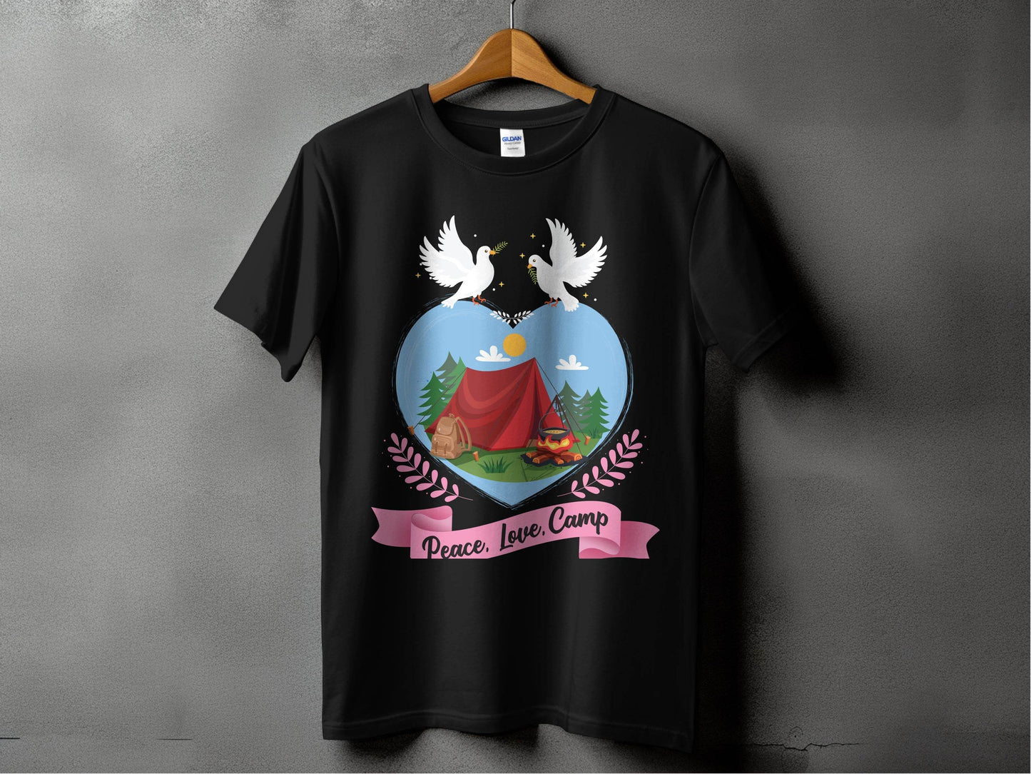 Peace Love Camp Heart and Tent Design Pigeon Art T-Shirt - Design & Vybe