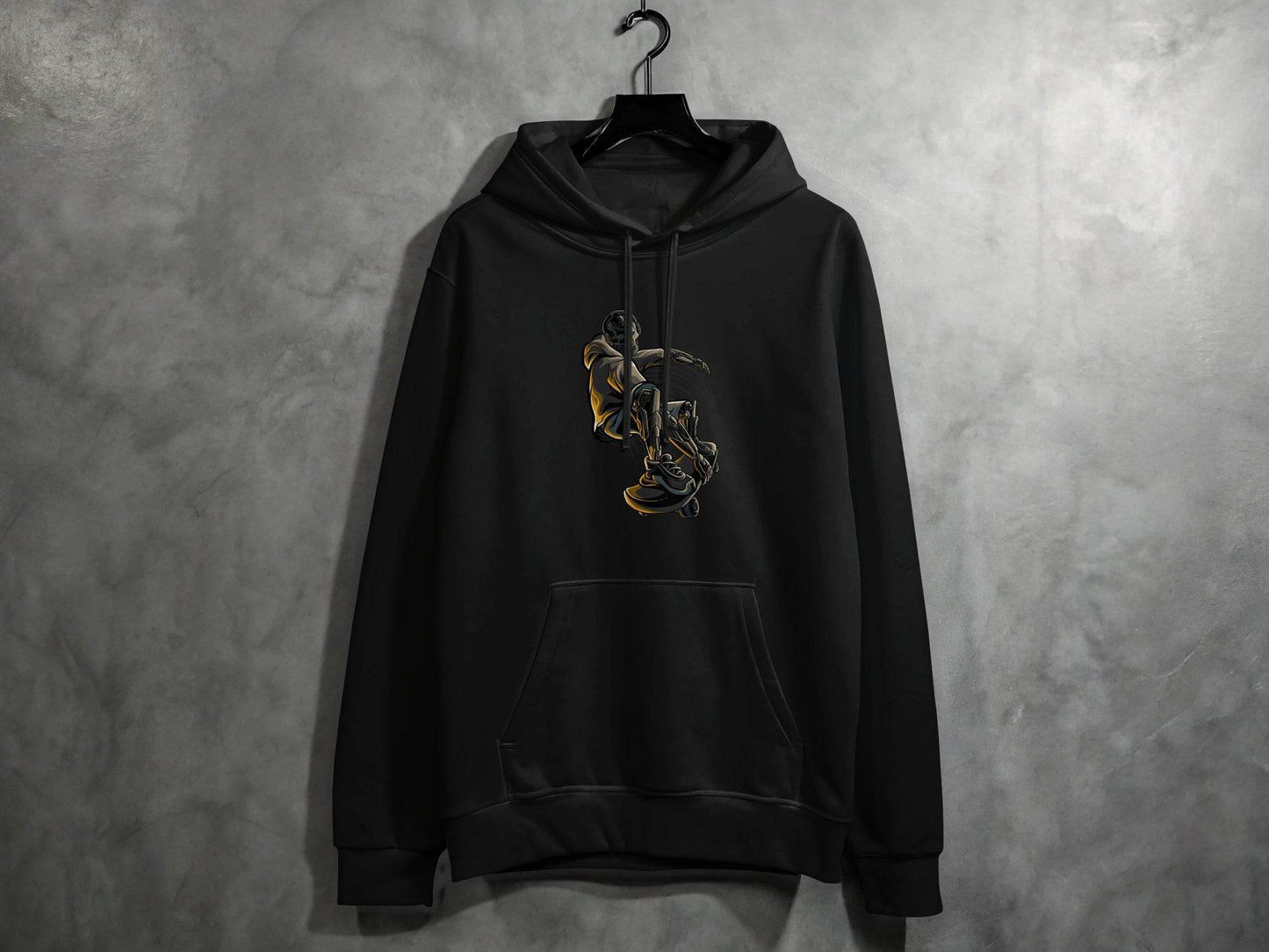 Futuristic Robot Skateboarding Graphic on Trendy Hoodie - Design & Vybe