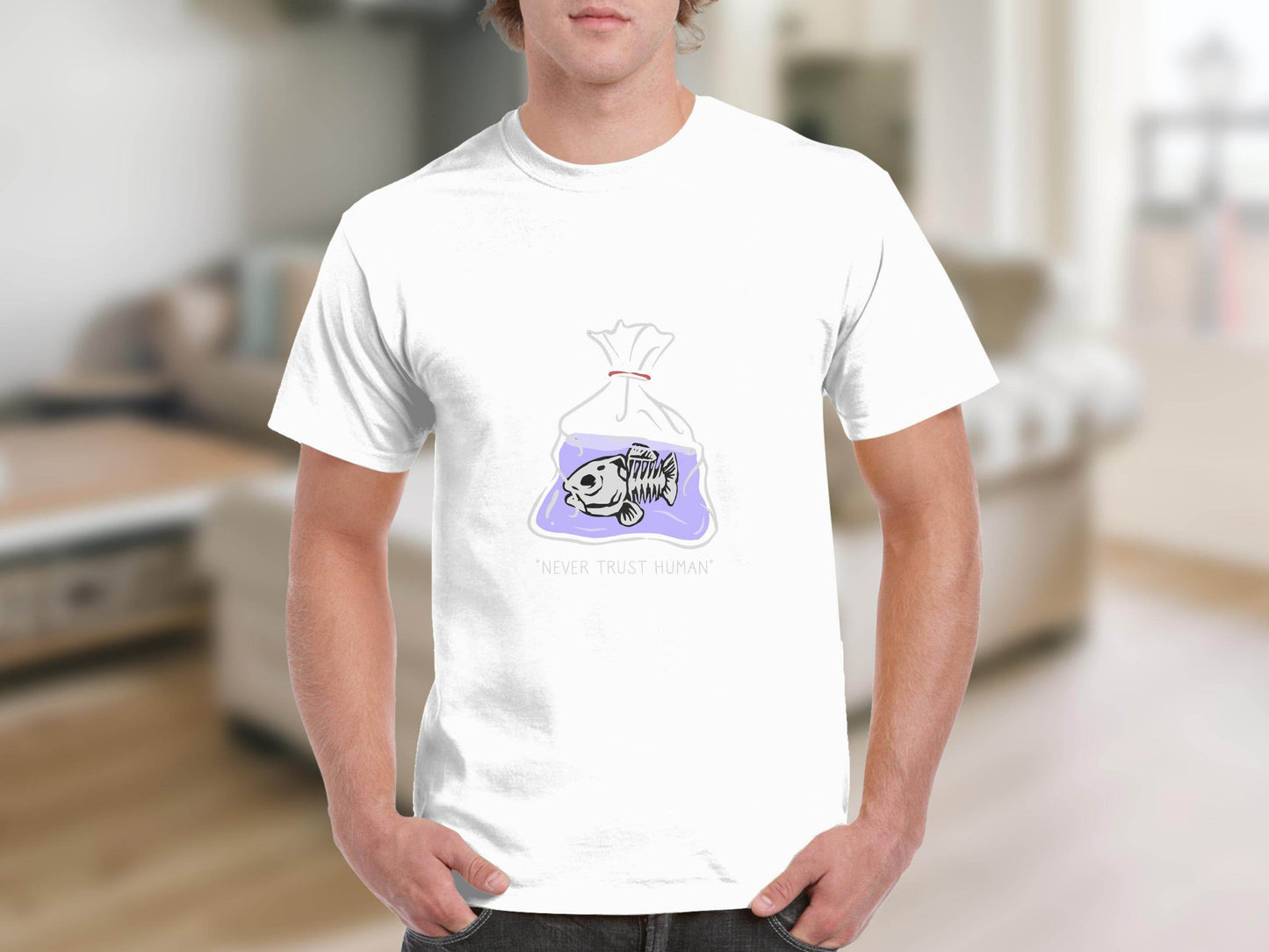 Never Trust Human Fish Skeleton Plastic Bag Design T-Shirt - Design & Vybe