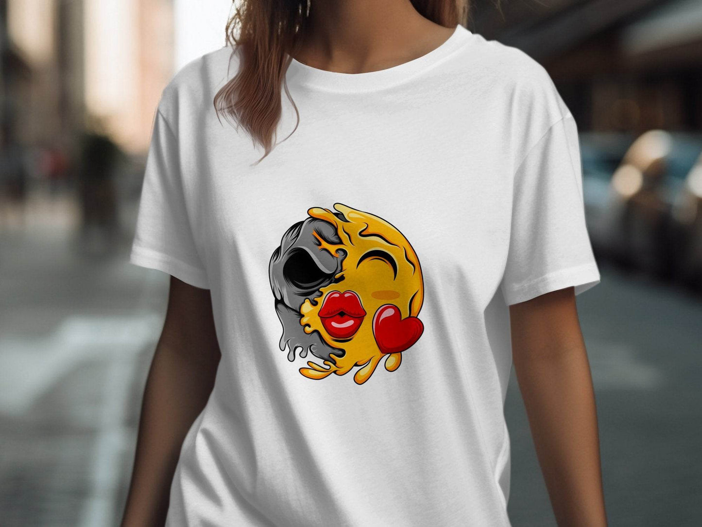 Melting Emoji Kiss with Skull Graphic Design T-Shirt - Design & Vybe