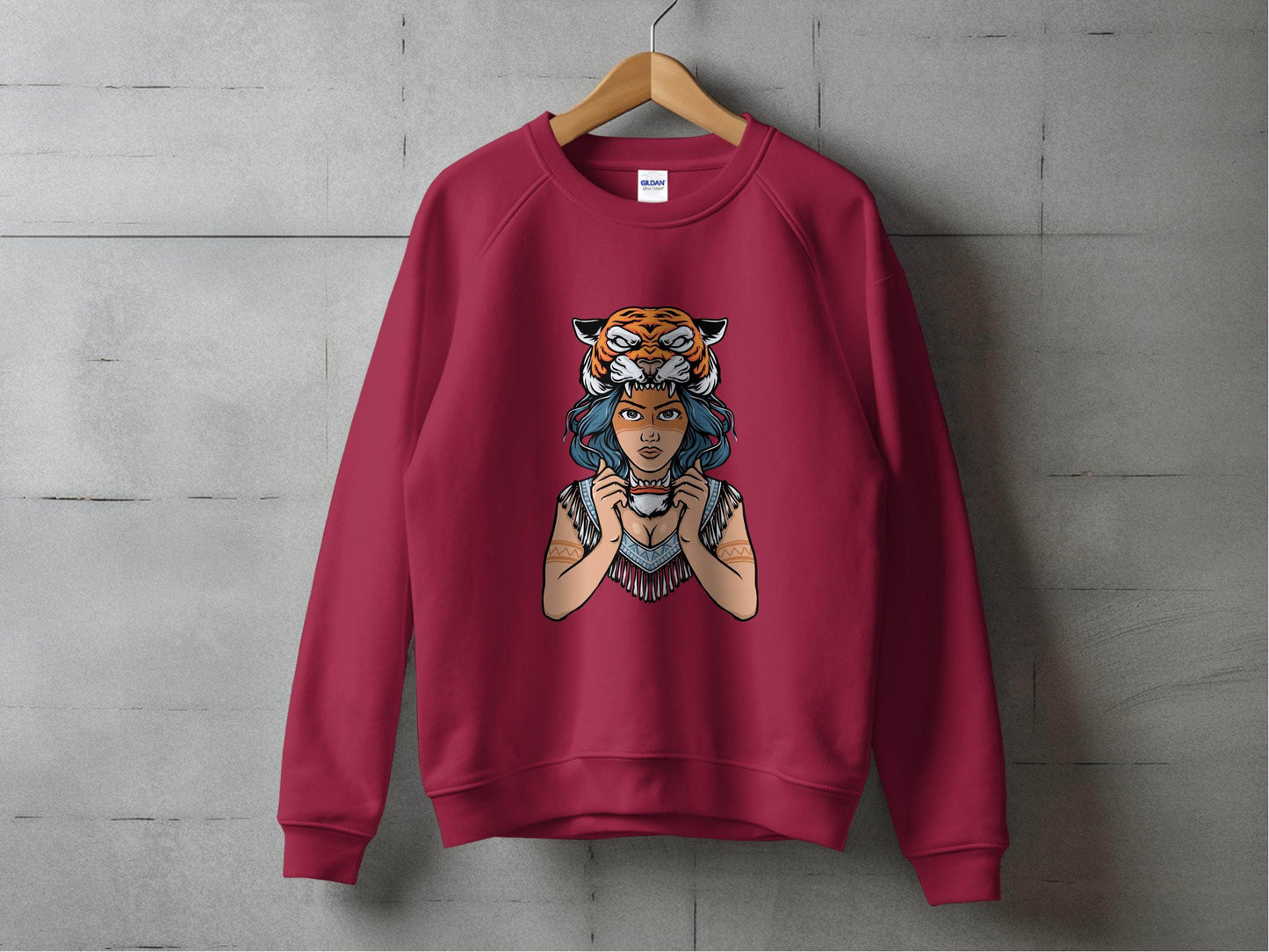 Fierce Tiger Spirit Headdress Young Woman Design Sweater - Design & Vybe