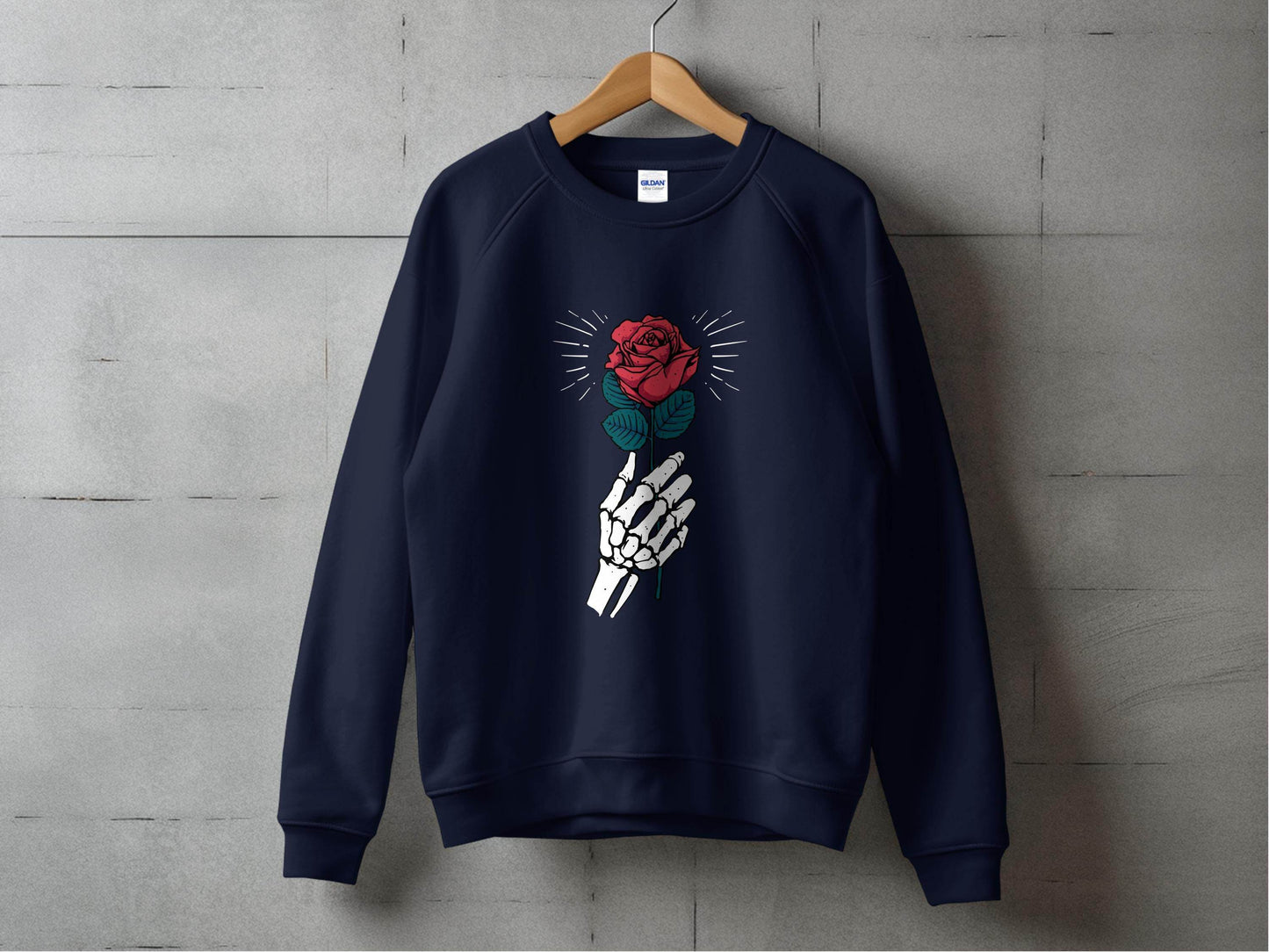 Skeletal Hand Holding Red Rose Floral Design Sweater - Design & Vybe