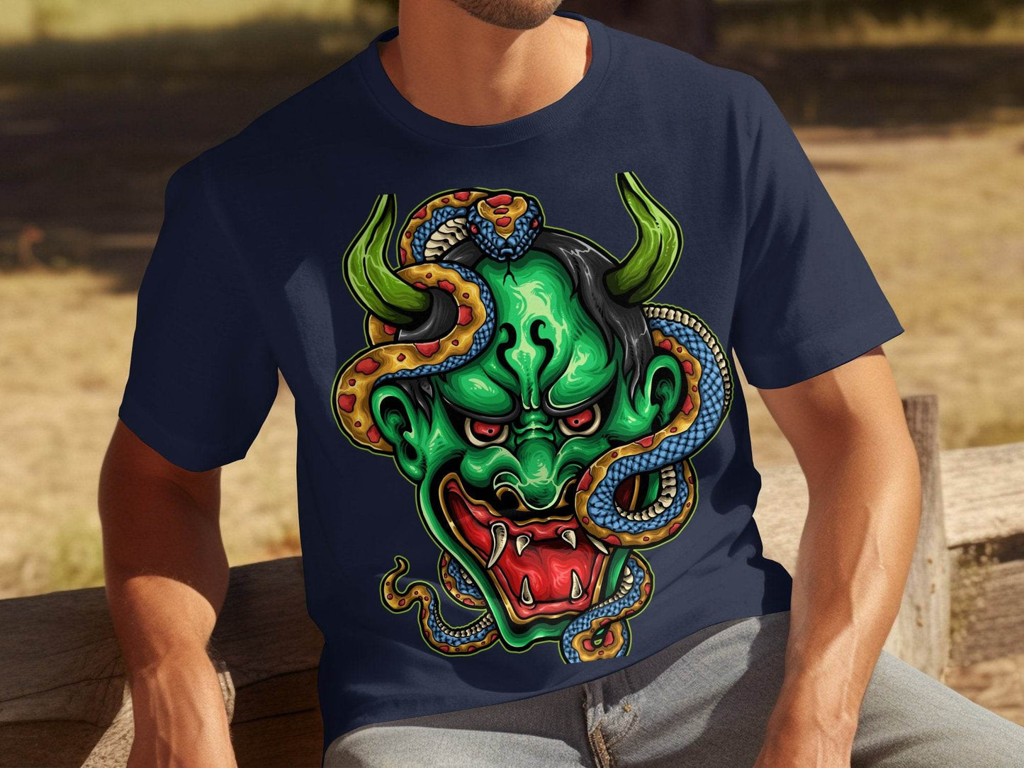 Bizarre Demon Face with Snake Design Horror T-Shirt - Design & Vybe