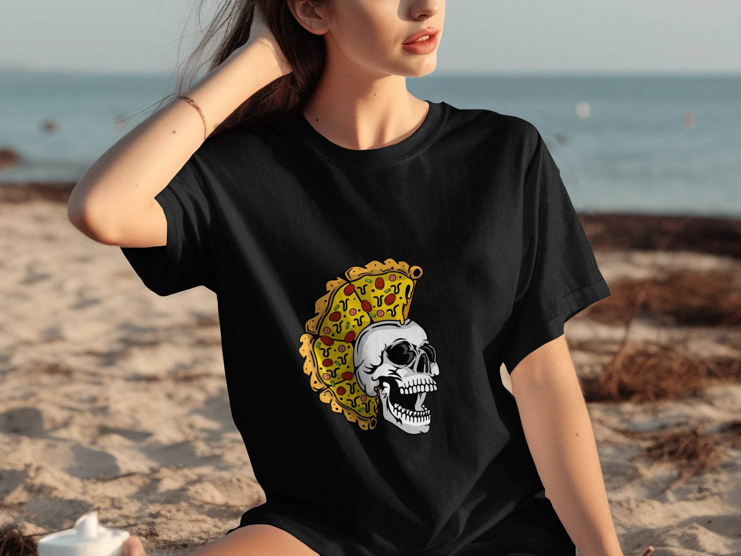 Skull with Pizza Hairstyle Graphic Novelty Design T-Shirt - Design & Vybe