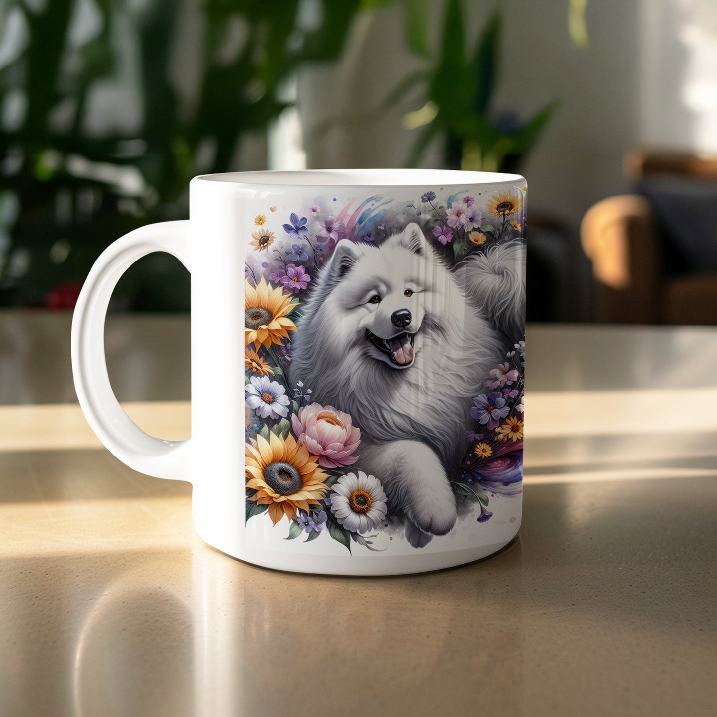 Playful Samoyed Floral Design Coffee Mug product