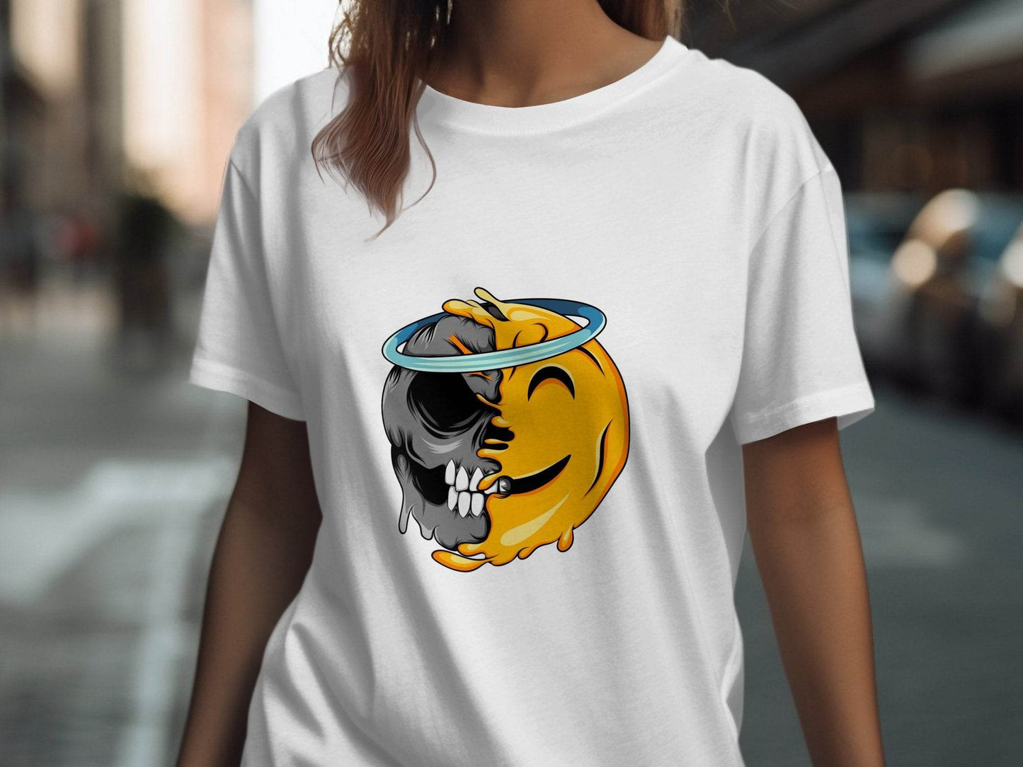 Skull Meets Emoji with a Halo Graphic Novelty T-Shirt - Design & Vybe