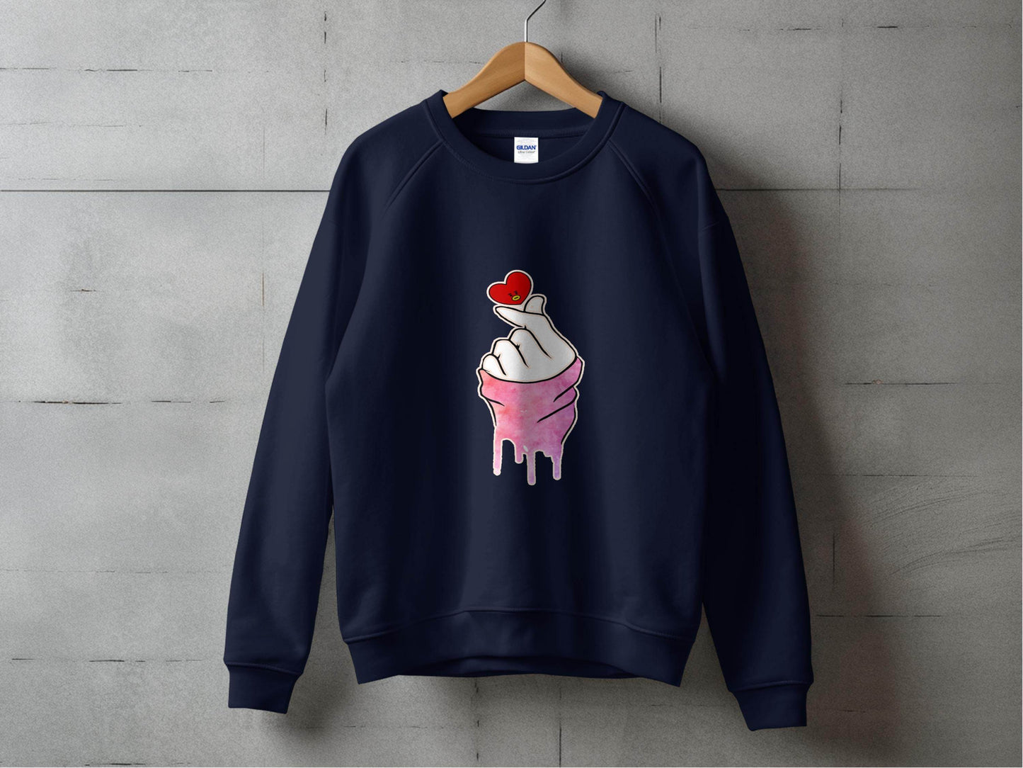 Finger Heart with a Red Heart Cartoon Drawing Sweater - Design & Vybe