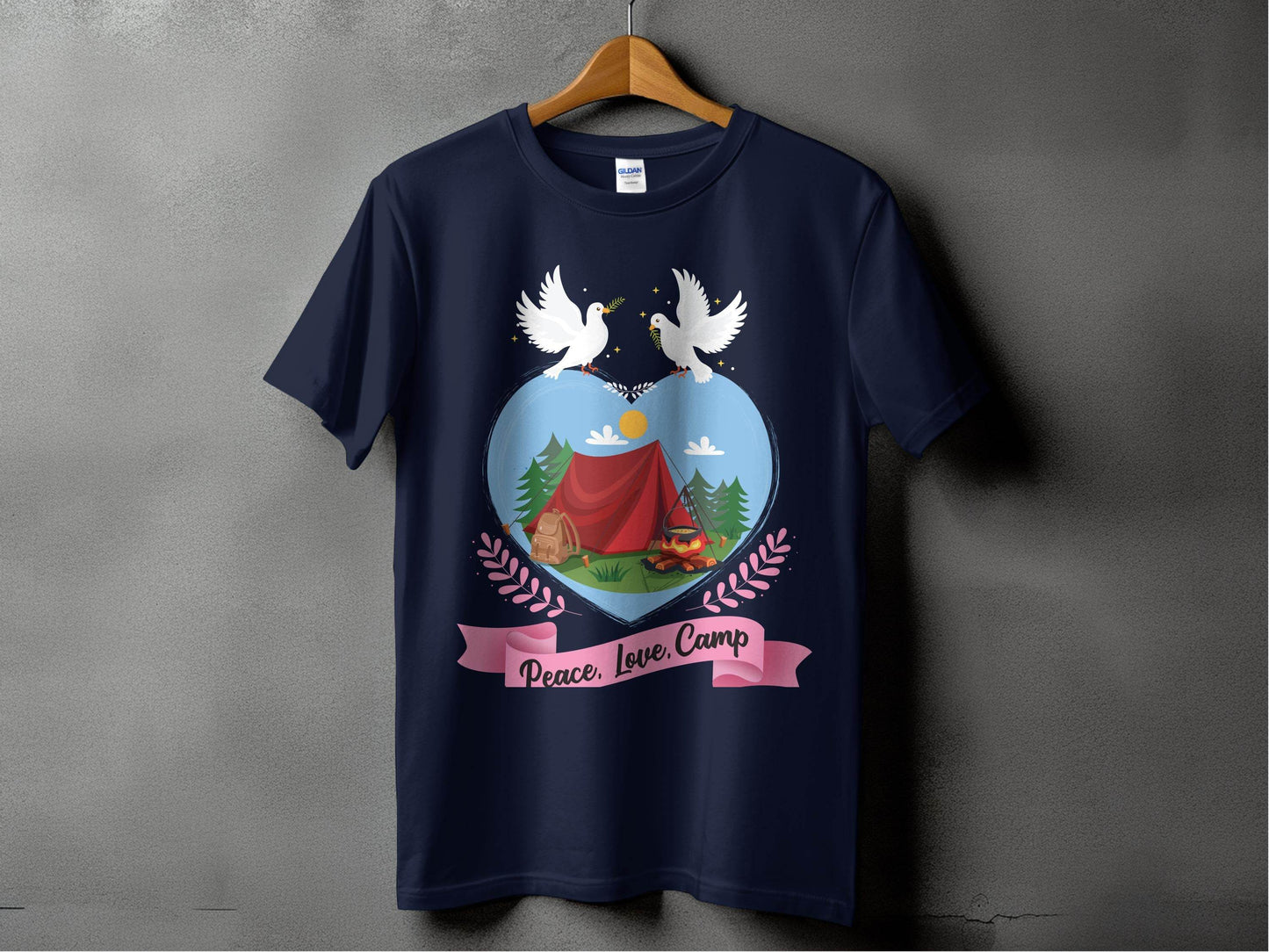 Peace Love Camp Heart and Tent Design Pigeon Art T-Shirt - Design & Vybe