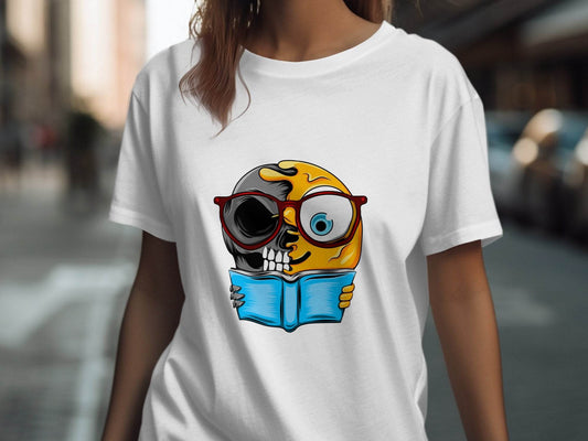 Half Skull Half Emoji Reading Book Illustration T-Shirt - Design & Vybe