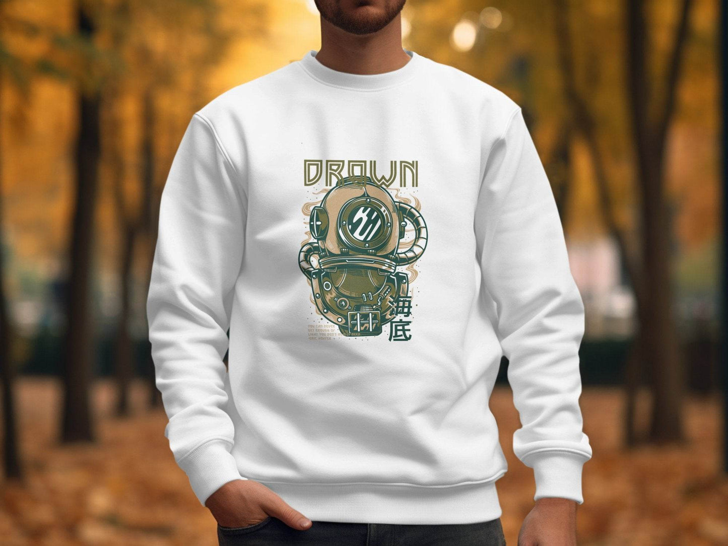 Retro Diving Helmet with DROWN Graphic Cool Sweater - Design & Vybe