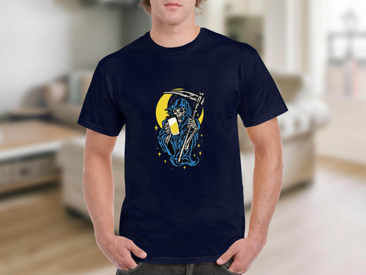 Grim Reaper Holding Beer Glass With Crescent Moon T-Shirt - Design & Vybe