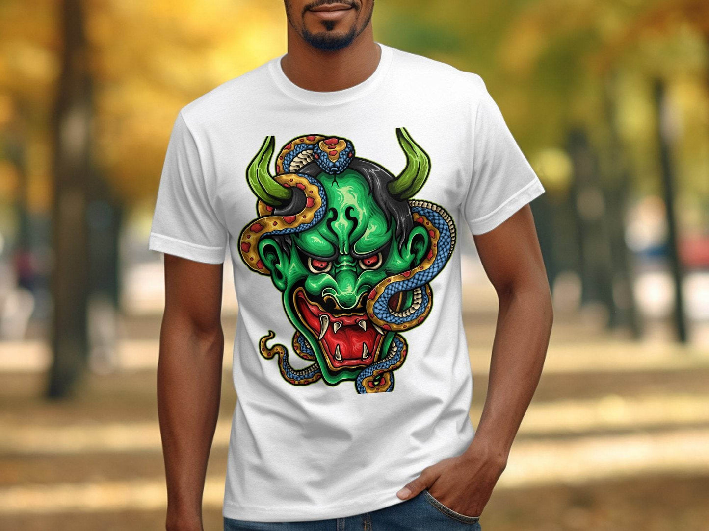 Bizarre Demon Face with Snake Design Horror T-Shirt - Design & Vybe
