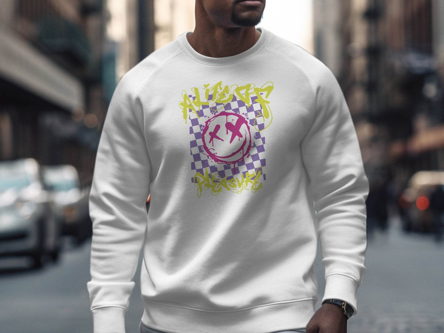 Grunge Smiley Checkered Dead Smile Graphic with Graffiti Sweater - Design & Vybe