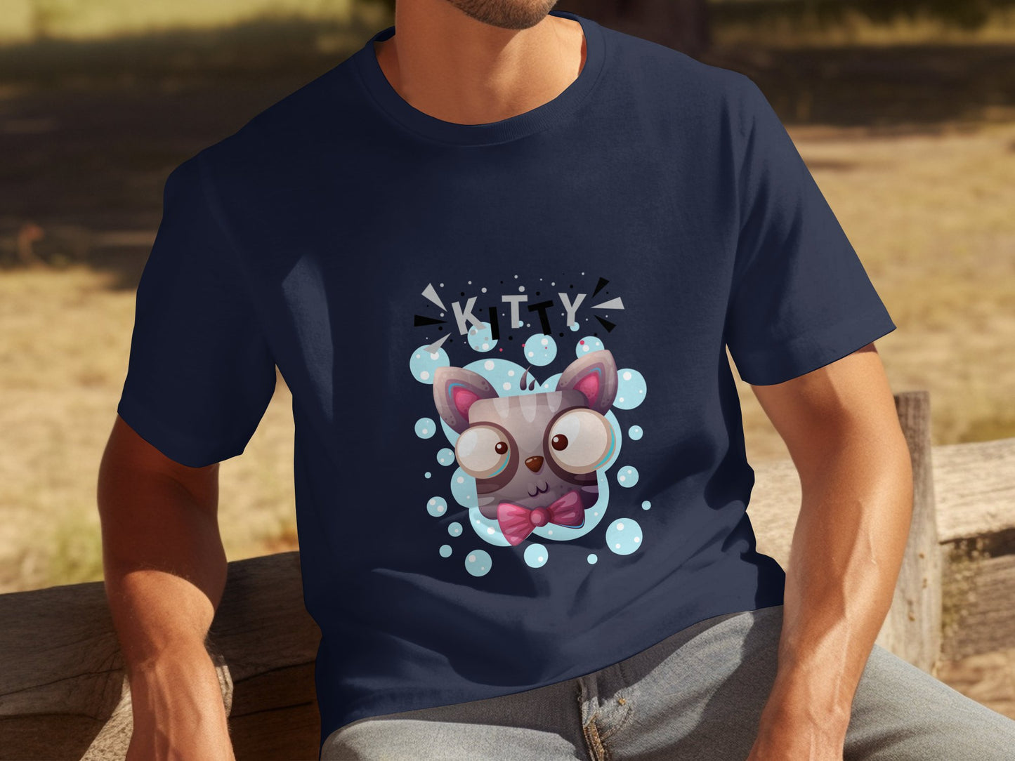 Cute Cartoon Kitty Design on Blue Casual T-Shirt product