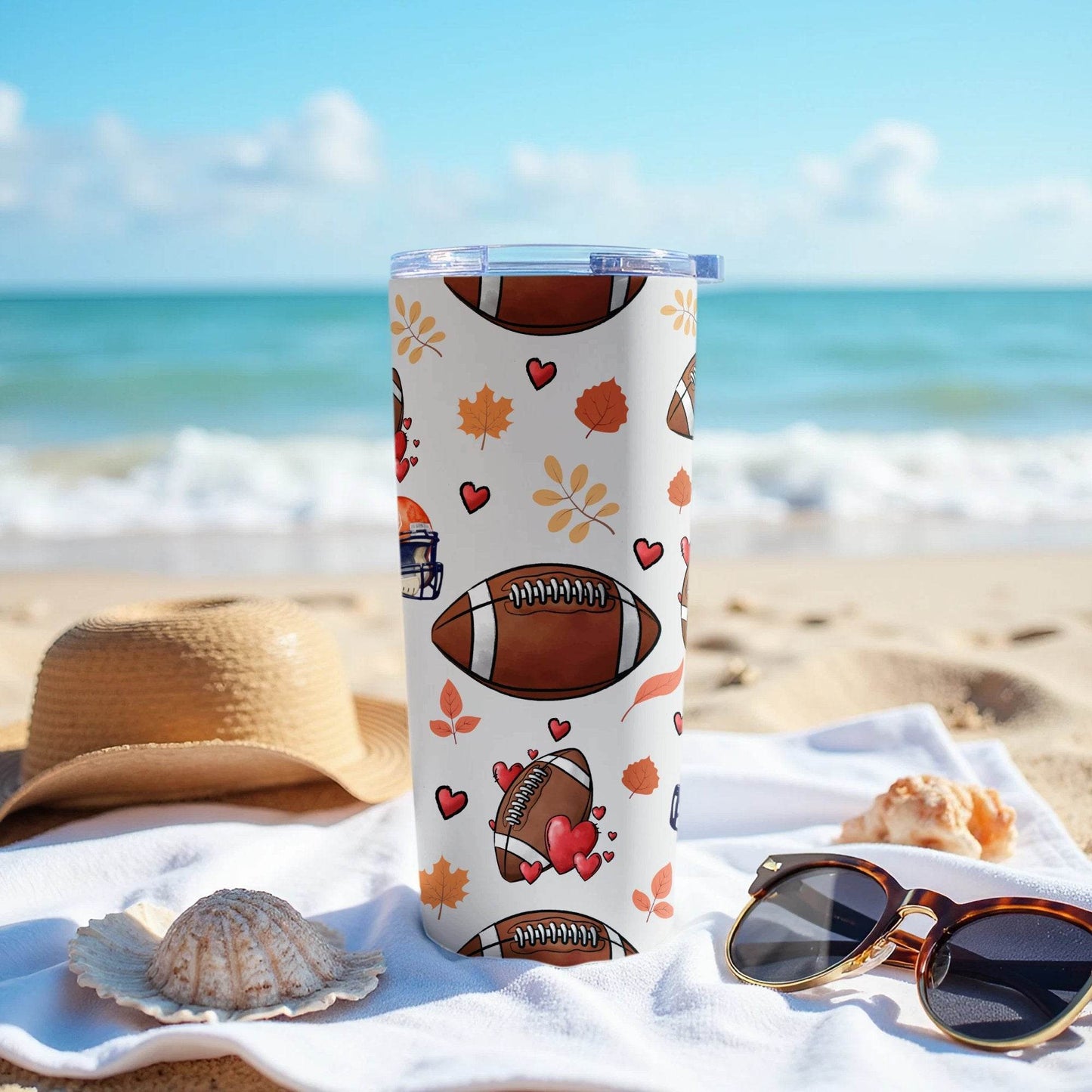 Football Helmet With Hearts And Leaves Pattern Design Tumbler - Design & Vybe