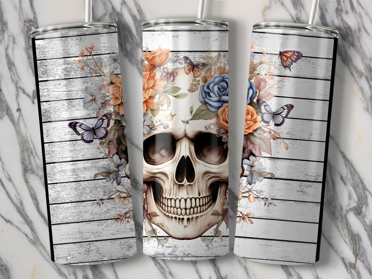 Floral Skull and Butterfly Stripe Design Tumbler product