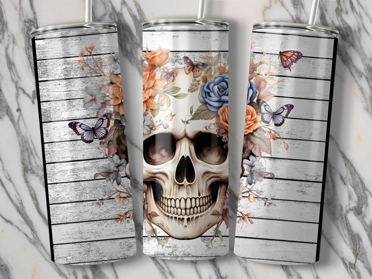 Floral Skull Butterflies on White Wood Background Tumbler - Design & Vybe