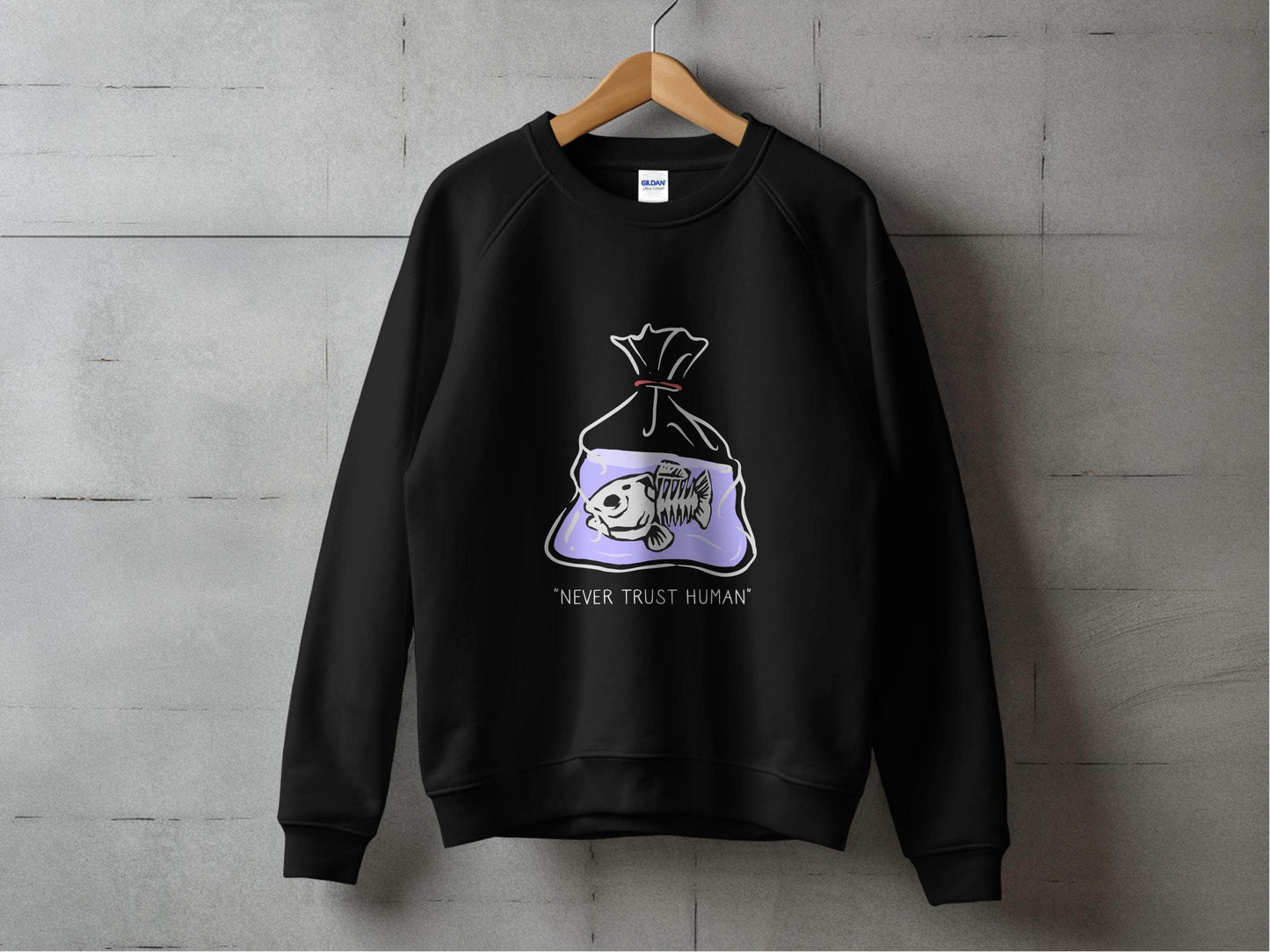 Never Trust Human Fish Skeleton Plastic Bag Design Sweater - Design & Vybe