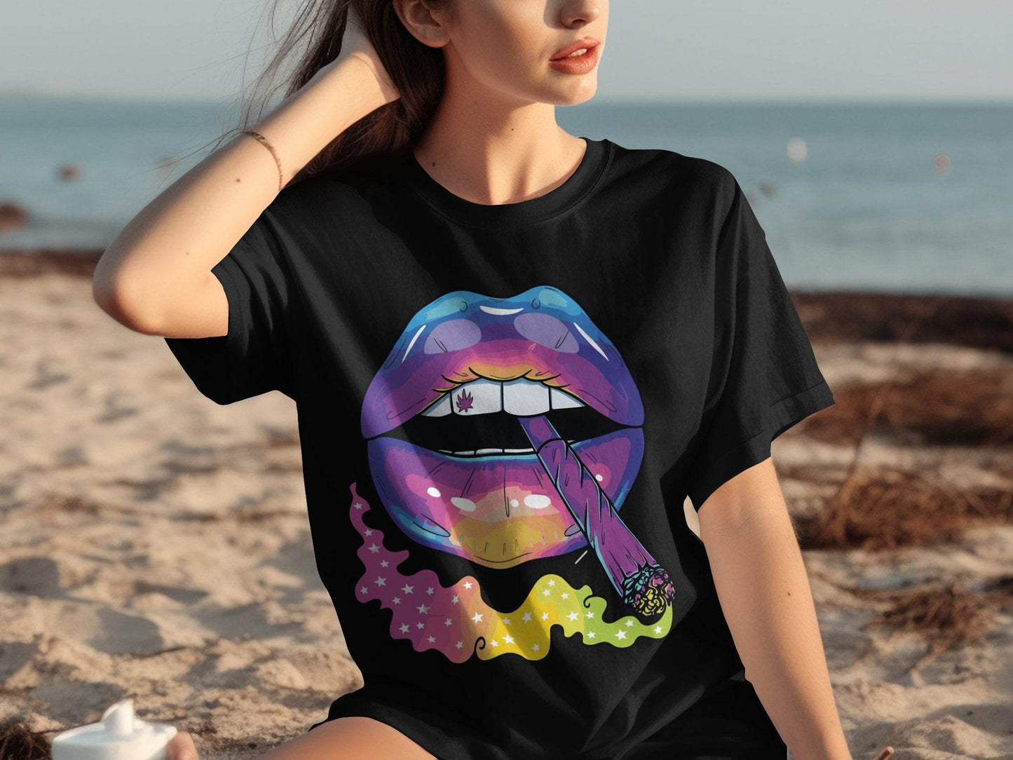 Colorful Lips Smoking Weed Design T-Shirt - Design & Vybe