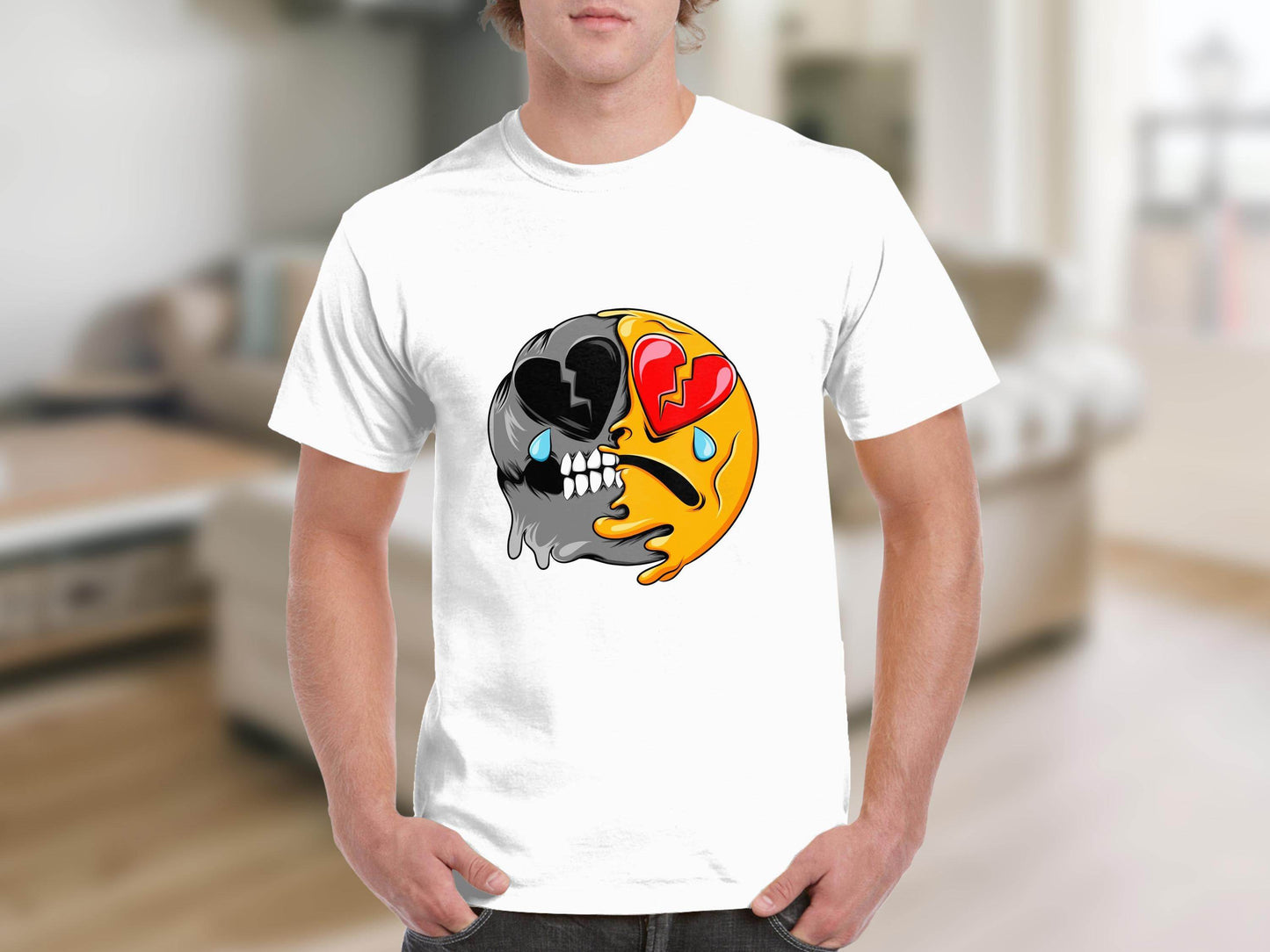Dual Emotions Skull And Hearts Smiley Graphic T-Shirt - Design & Vybe