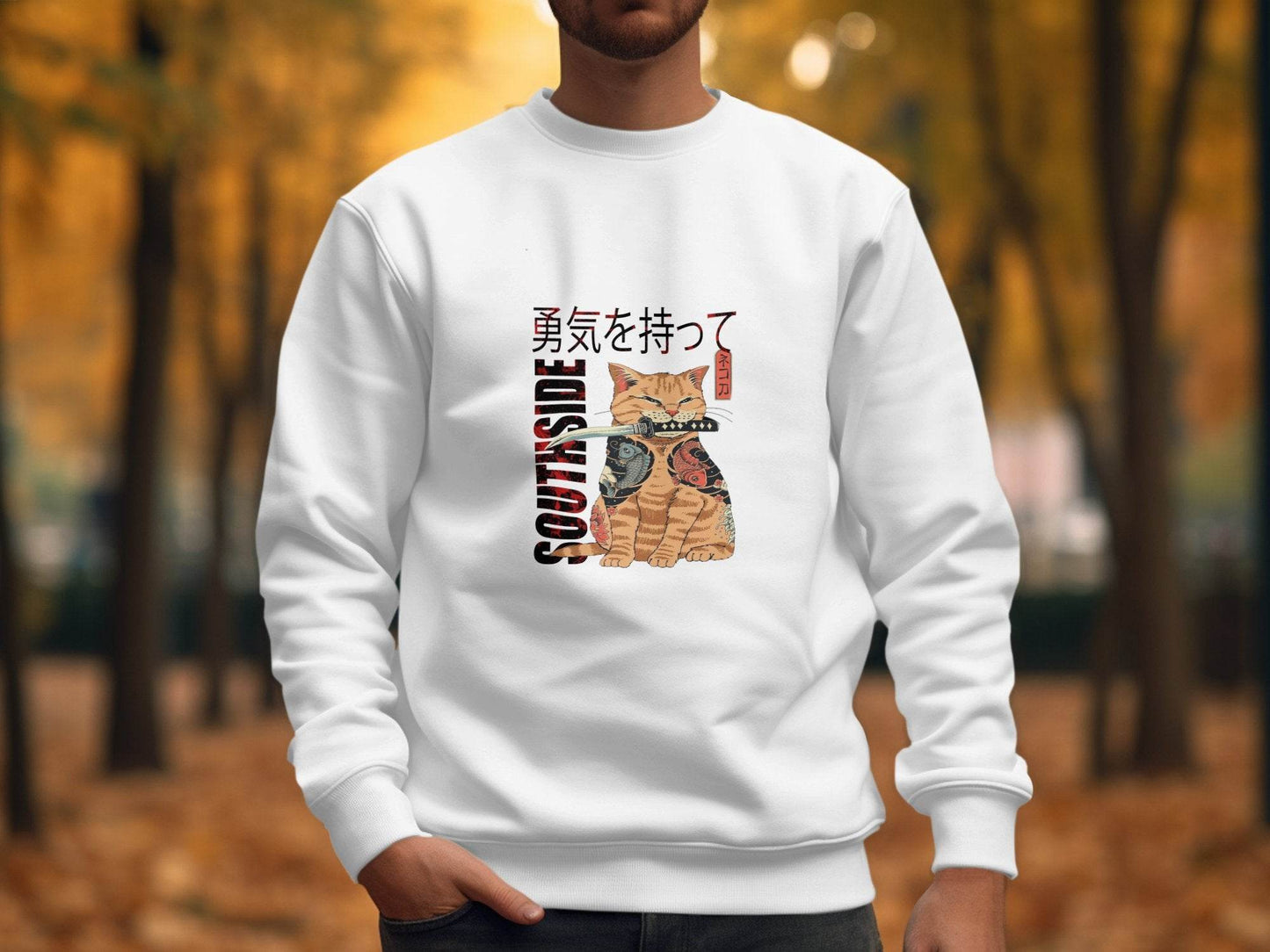 Tattooed Cat with Sword and Japanese Southside Text Design Sweater - Design & Vybe