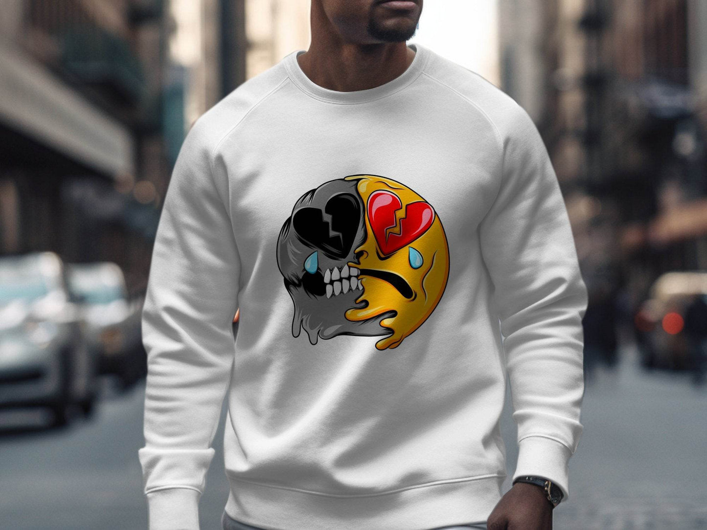 Dual Emotions Skull And Hearts Smiley Graphic Sweater - Design & Vybe