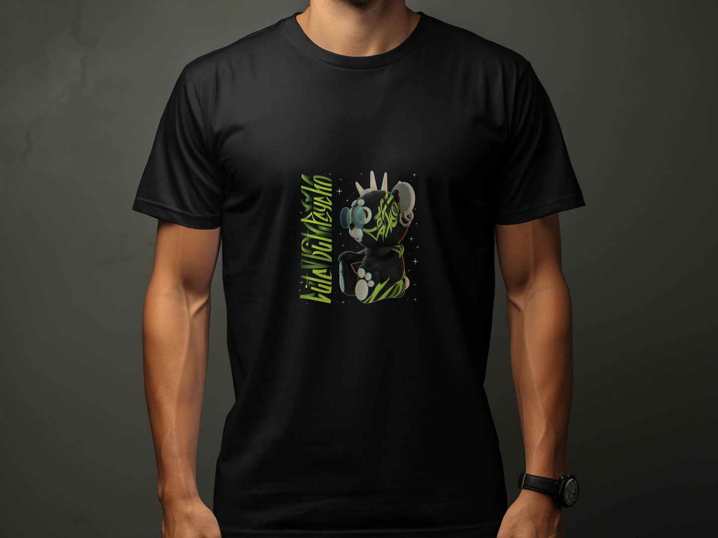 Sad Bear Black With Neon Green Graphics Design T-Shirt - Design & Vybe