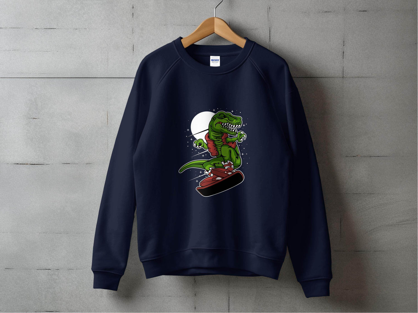 Dinosaur On a Snowboard Cartoon Graphic Style Sweater - Design & Vybe
