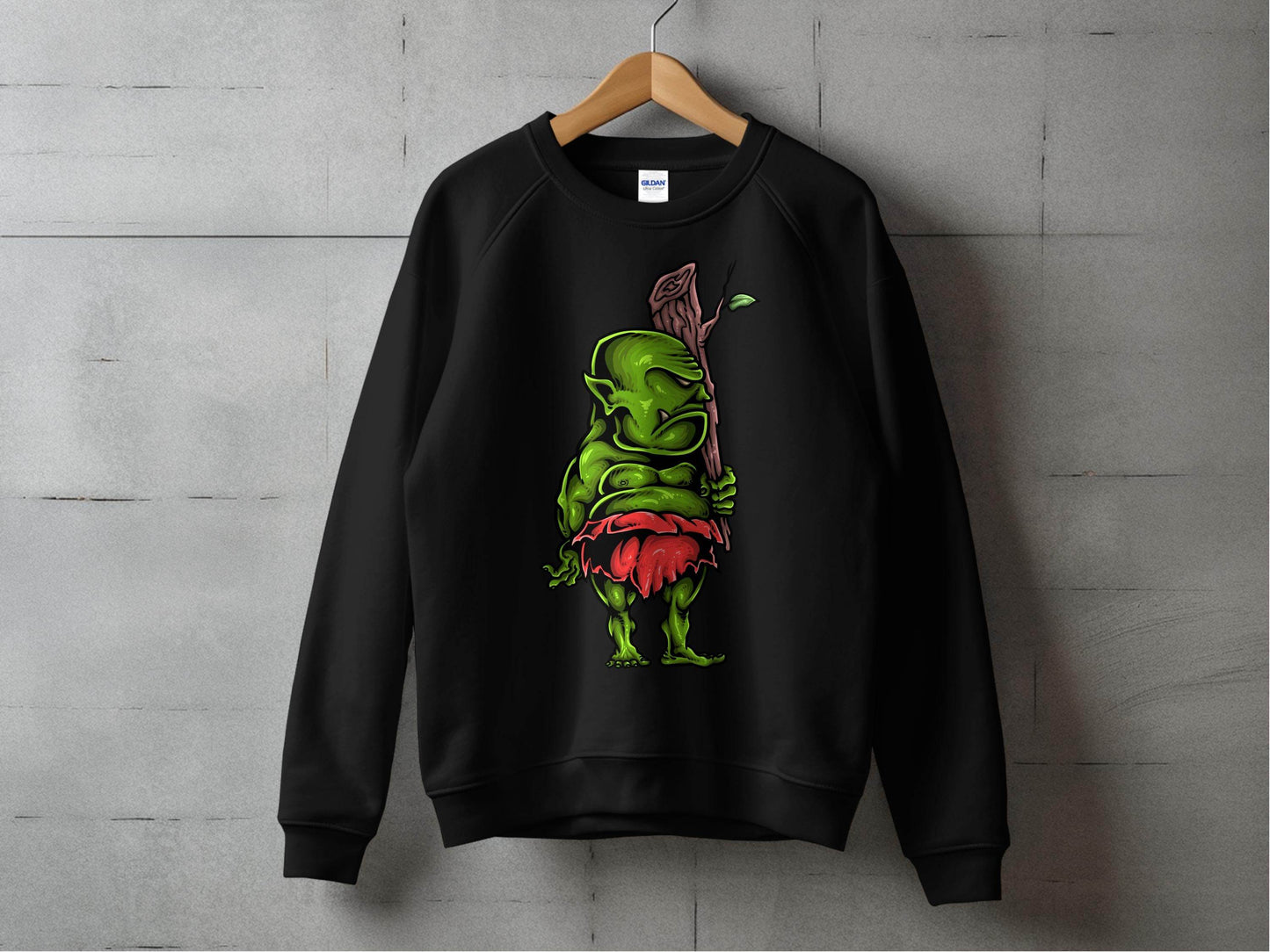 Green Troll Graphic Sweater With Red Skirt And Bat - Design & Vybe