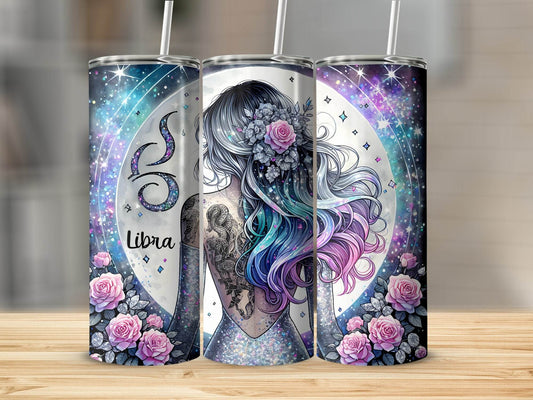 Libra Zodiac Sign Woman Roses Astrology Design with Moon Illustration Tumbler - Design & Vybe