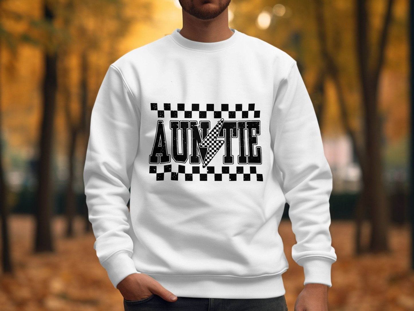 Auntie with Checkered Lightning Bolt Graphic Sweater - Design & Vybe