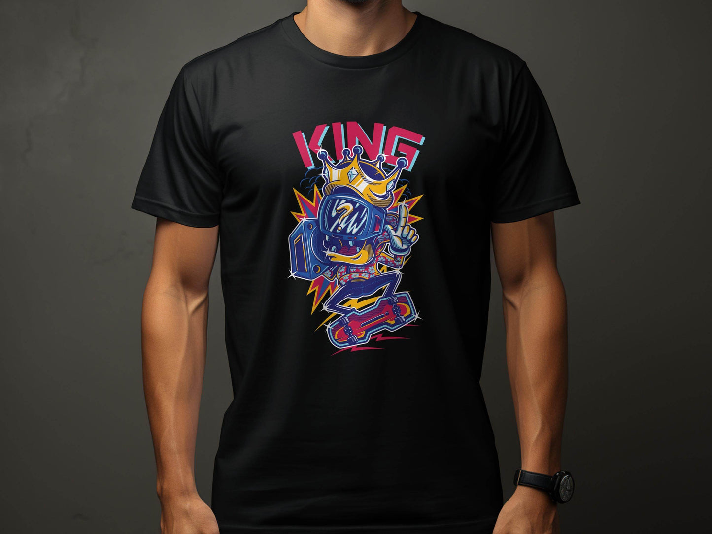 King Skater With Question Mark Head Retro Design T-Shirt - Design & Vybe