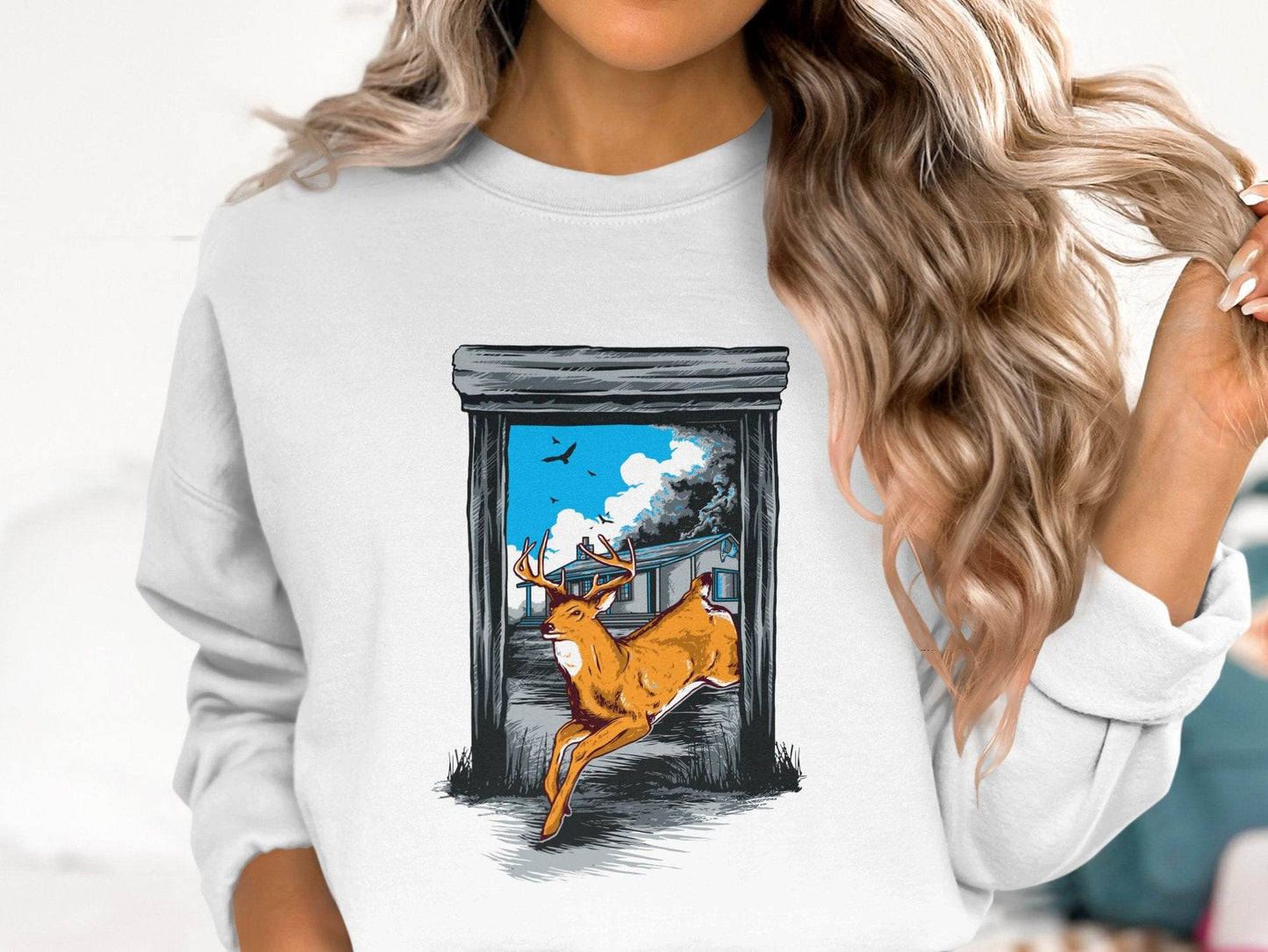 Wildlife Escape Deer Graphic Sweater - Design & Vybe