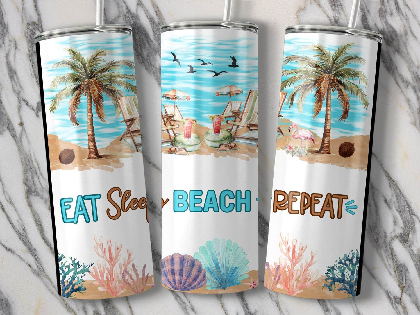 Beach Paradise Eat Sleep Beach Repeat Themed Design Tumbler - Design & Vybe