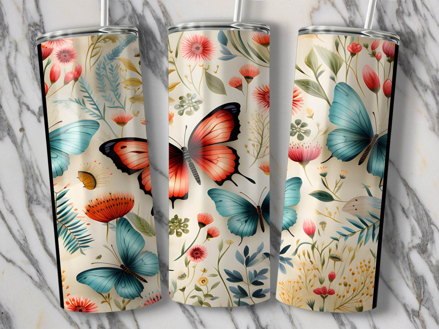 Butterflies Among Flowers Vibrant Floral Design Cute Tumbler - Design & Vybe