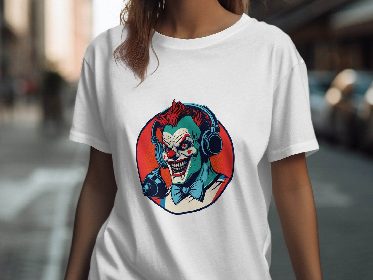 Evil Clown with Headphones Graphic Design Funny T-Shirt - Design & Vybe