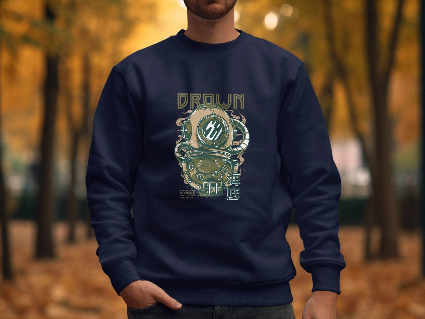 Retro Diving Helmet with DROWN Graphic Cool Sweater - Design & Vybe