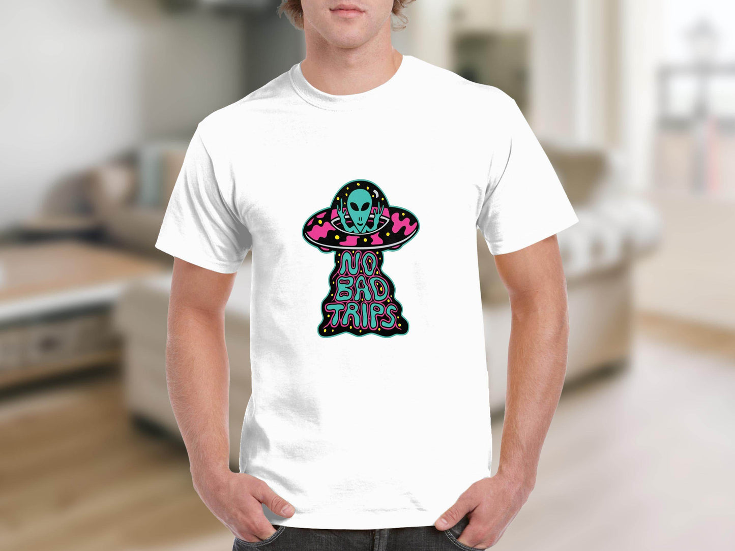 No Bad Trips Graphic Alien UFO Graphic Novelty T-Shirt - Design & Vybe
