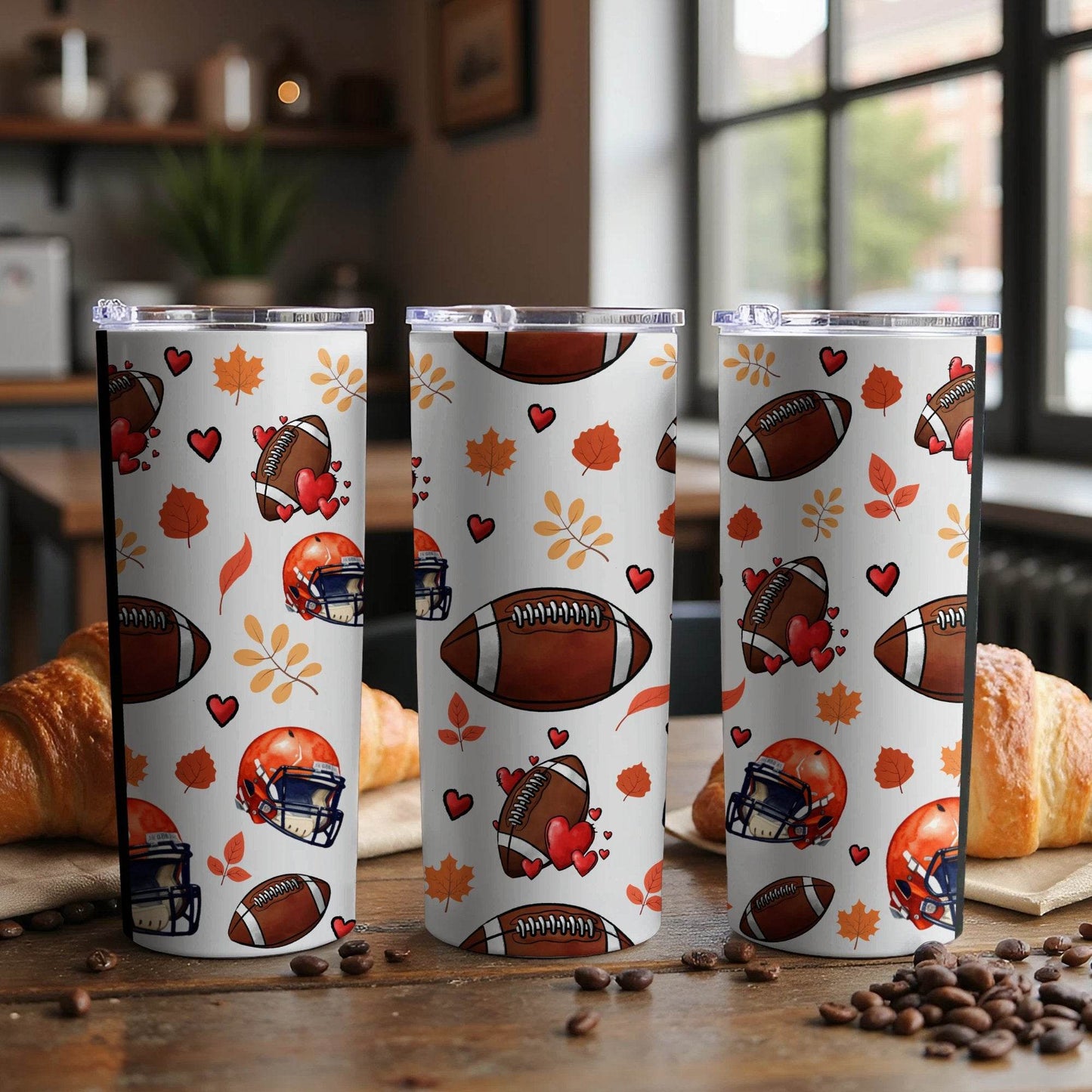 Football Helmet With Hearts And Leaves Pattern Design Tumbler - Design & Vybe