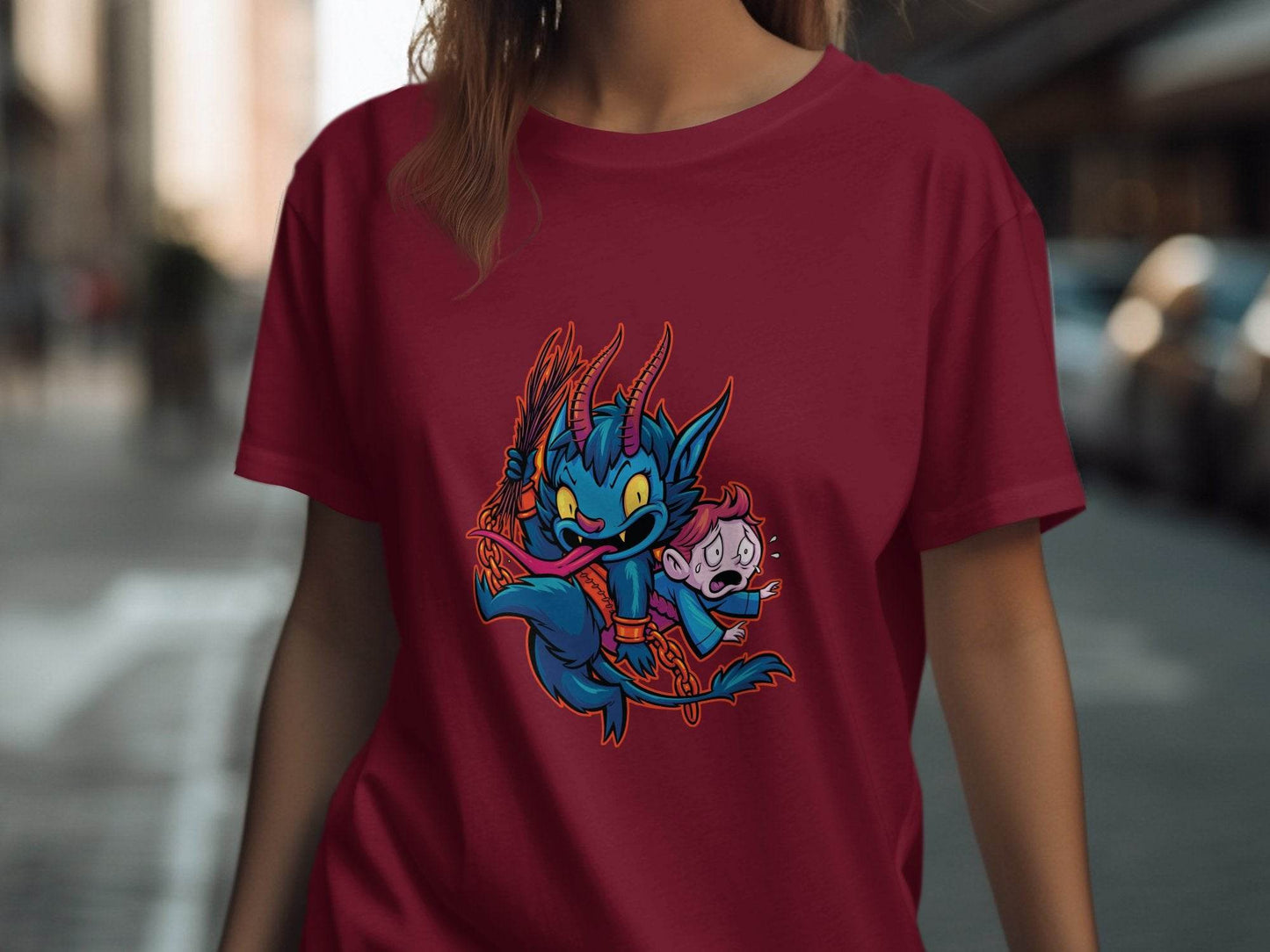 Krampus With Child Caught Illustration Cartoon T-Shirt - Design & Vybe