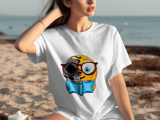 Half Skull Half Emoji Reading Book Illustration T-Shirt - Design & Vybe