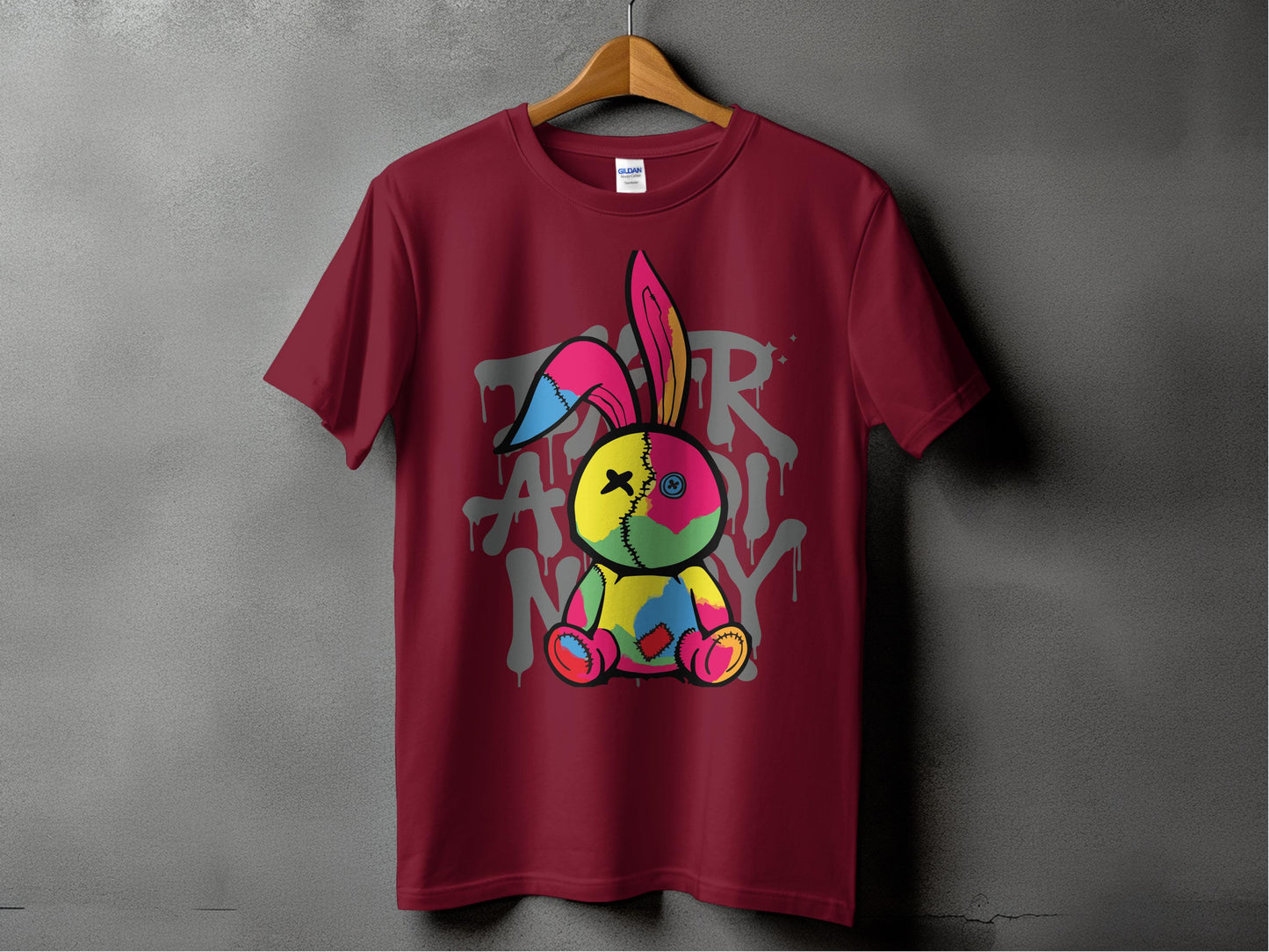 Dark Red T-Shirt with Colorful Rabbit Design product