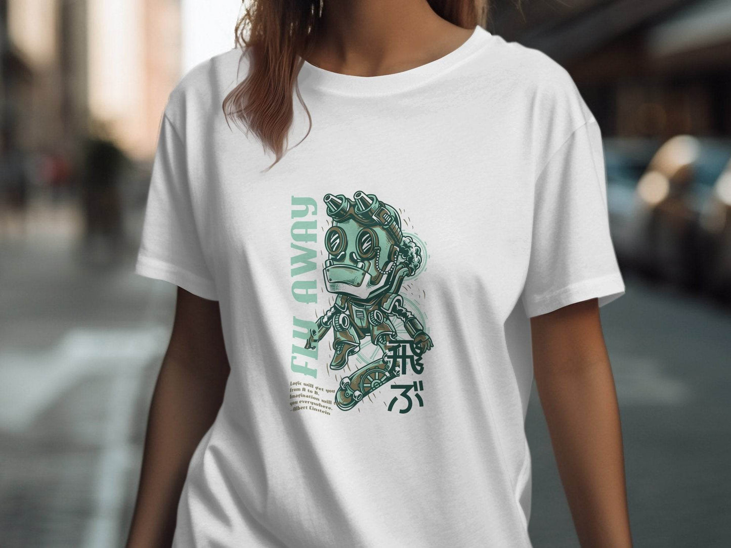 Fly Away Steampunk Robot Skateboard Graphic Design T-Shirt - Design & Vybe